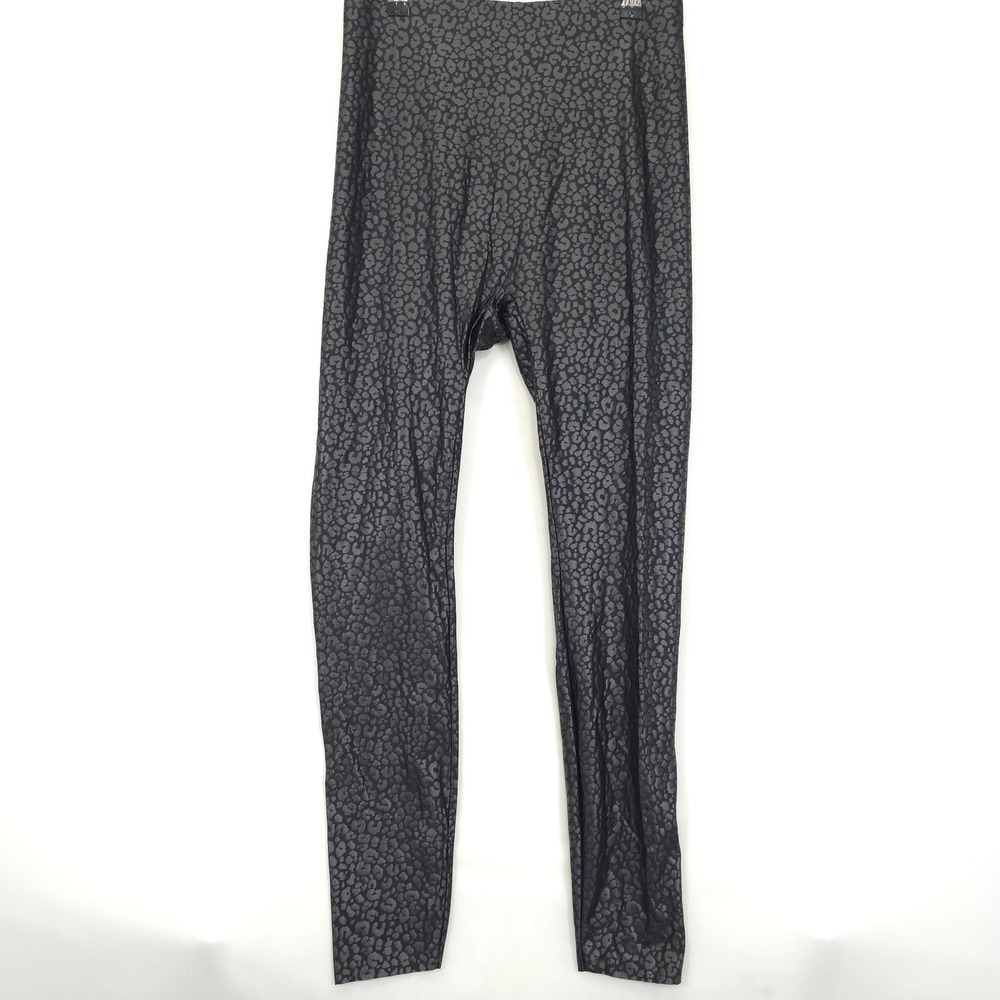 HUE Leggings Faux Leather Women L Black Gray Leopard Print Stretch High Waist